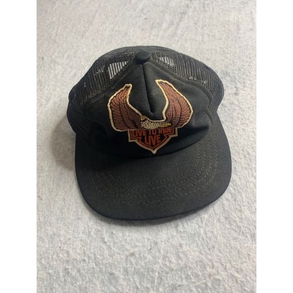 Vintage 80s Black Trucker Hat Eagle Ride Live to Ride USA Made Harley davidson - Picture 6 of 6